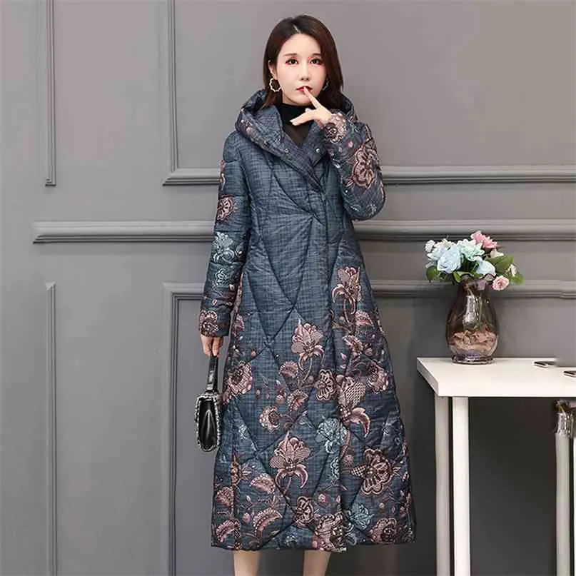 Chinese Style Women's Winter Down Cotton Jacket X-long Printing Loose Thick Outwear Hooded Covered Button Female Cold Coat 210923