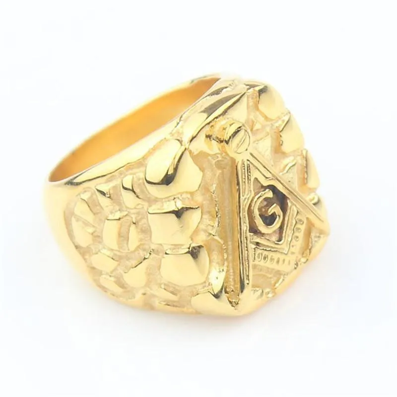 Freemasonry Free Mason Symbol Gold Tone Men's 316L Stainless Steel Masonic Ring Cluster Rings