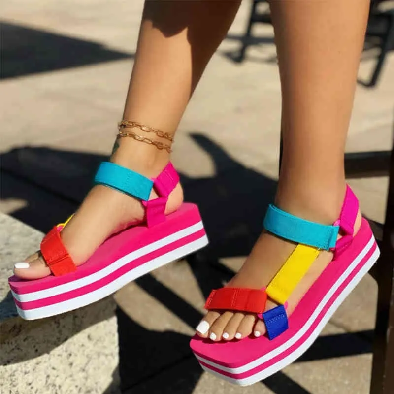 Multicolor Open Toe Slingback Platform Wedge Sandals For Women