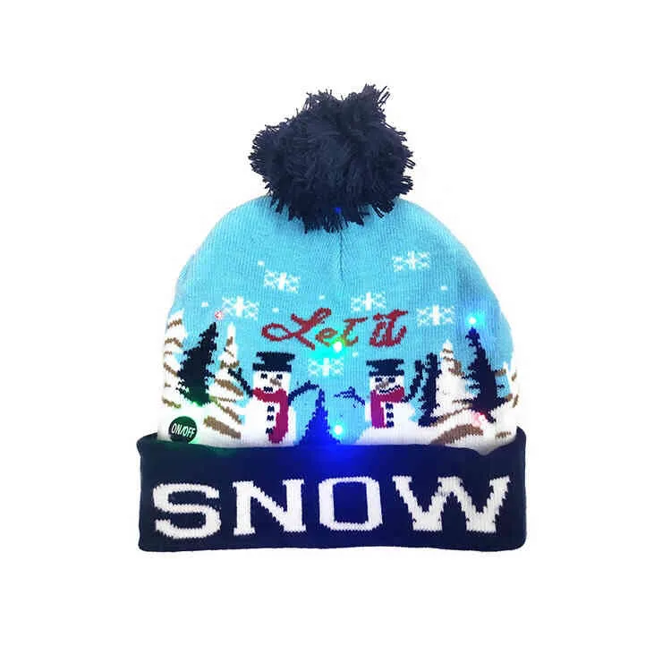 Wholale Personalizado Jacquard Snowman Snowflake Pattern Led Light Christmas Beanie