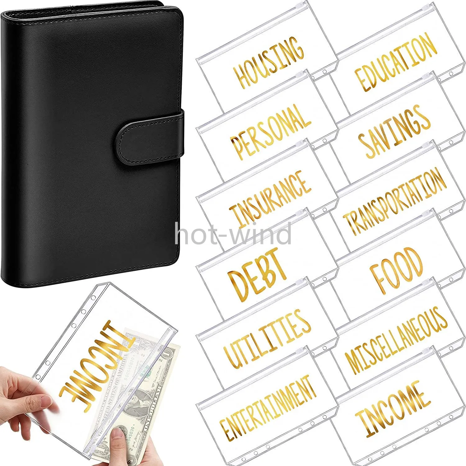 A6 PU Leather Binder Budget Cash Envelope Organizer Personlig Plånbok, 12 Binder Fickor Zipper Mappar för Planner Spara pengar EE