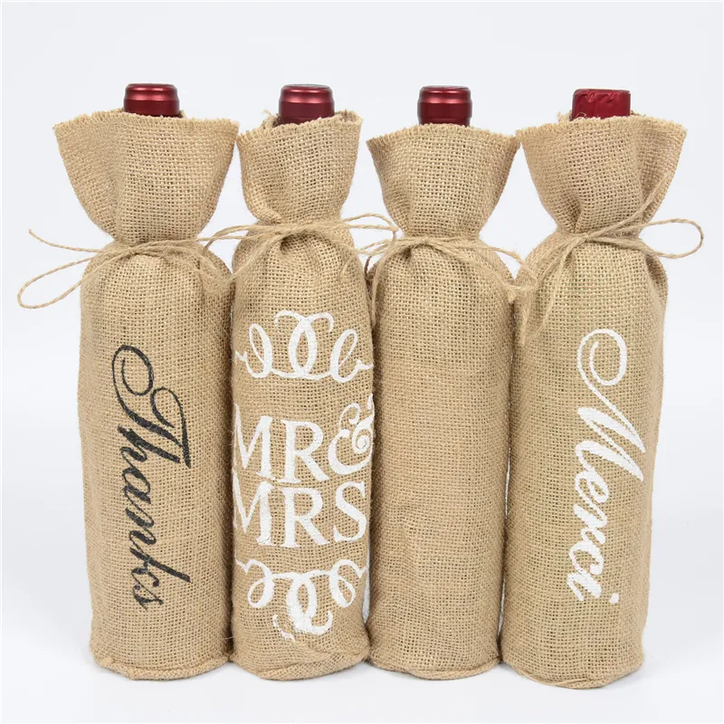 3 stilar Presentförpackning Mr Mrs Wine Bottle Cover Jute Gifts Väska Rustik Bröllopsdekoration Årsdag Party Decor