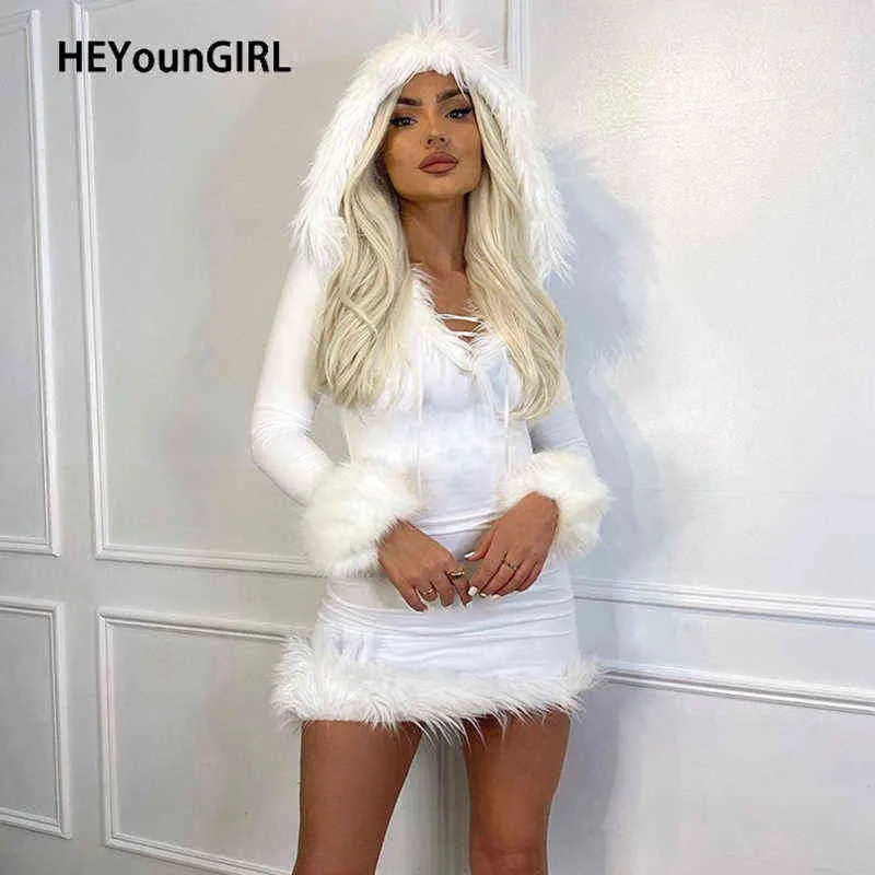 HEYounGIRL Furry White Bodycon Mini Dresses Women Autumn Long Sleeve Hooded V Neck Dress Skinny Fuzzy Party Streetwear Winter G0214