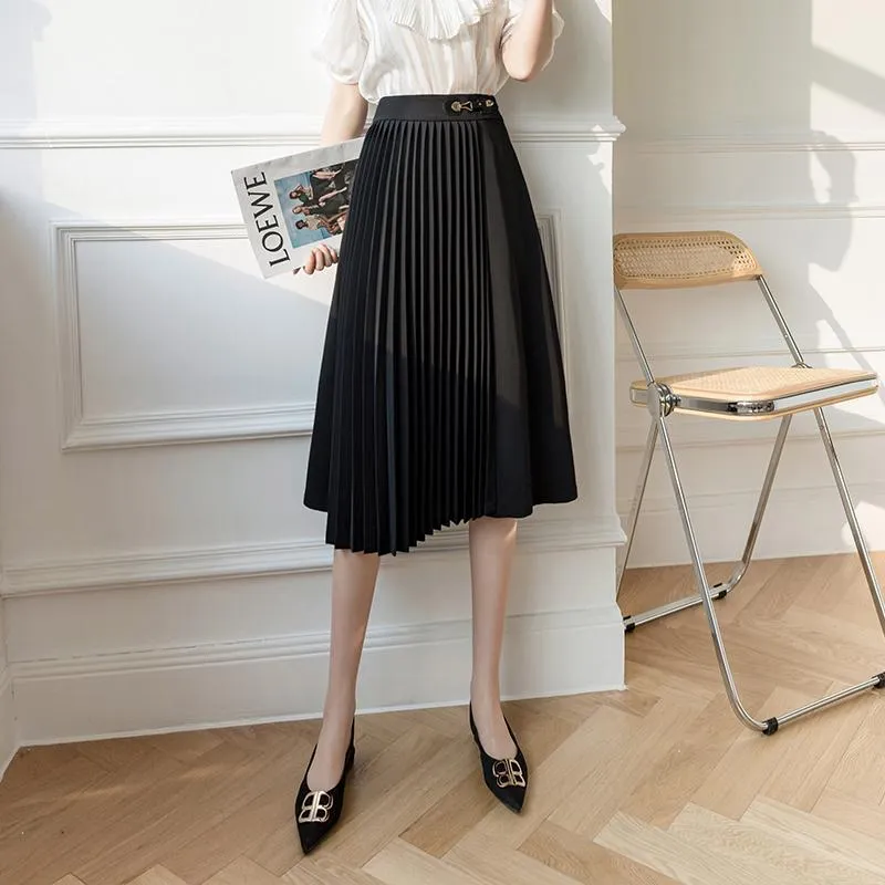 Skirts Summer Formal Women Skirt Office Lady Mid Calf Length Pleated Elegant Black Femme 2021