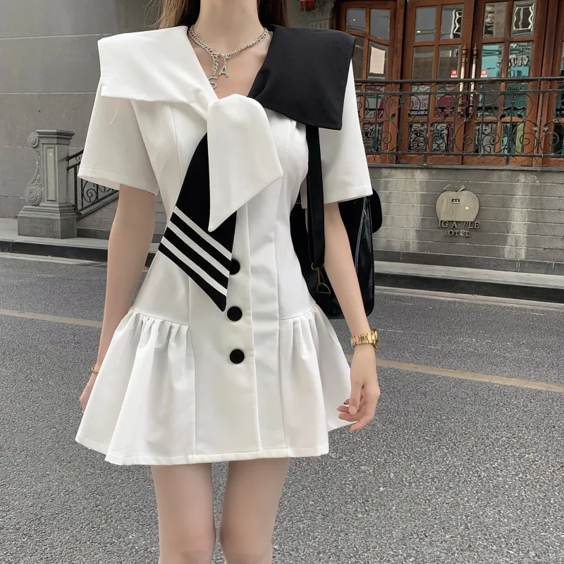 Summer Dress Women Navy Collar Short Sleeve Cute Preppy Style Dresses Fashion Sweet Ruched Mini Dress 210518