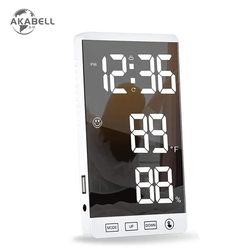 Akabell цифровая будильник зеркало сенсорное стеновое светодиодное время с температурной влажностью дисплея USB порт таблицы электронные 210804