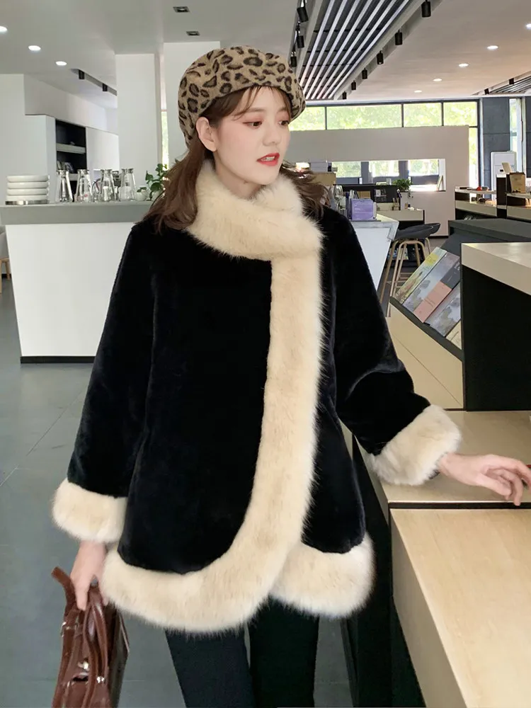 Autumn winter New women's stand collar warm thickening faux fox fur fashion poncho tops coat plus size SMLXLXXL3XL