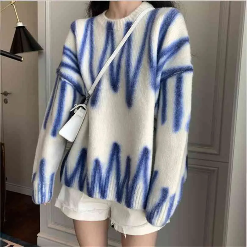 Elegant Green Striped Print Oversized Pullover Winter O-Neck Loose Long Sweaters Streetwear Warm Outerwear 8 Colors 210922