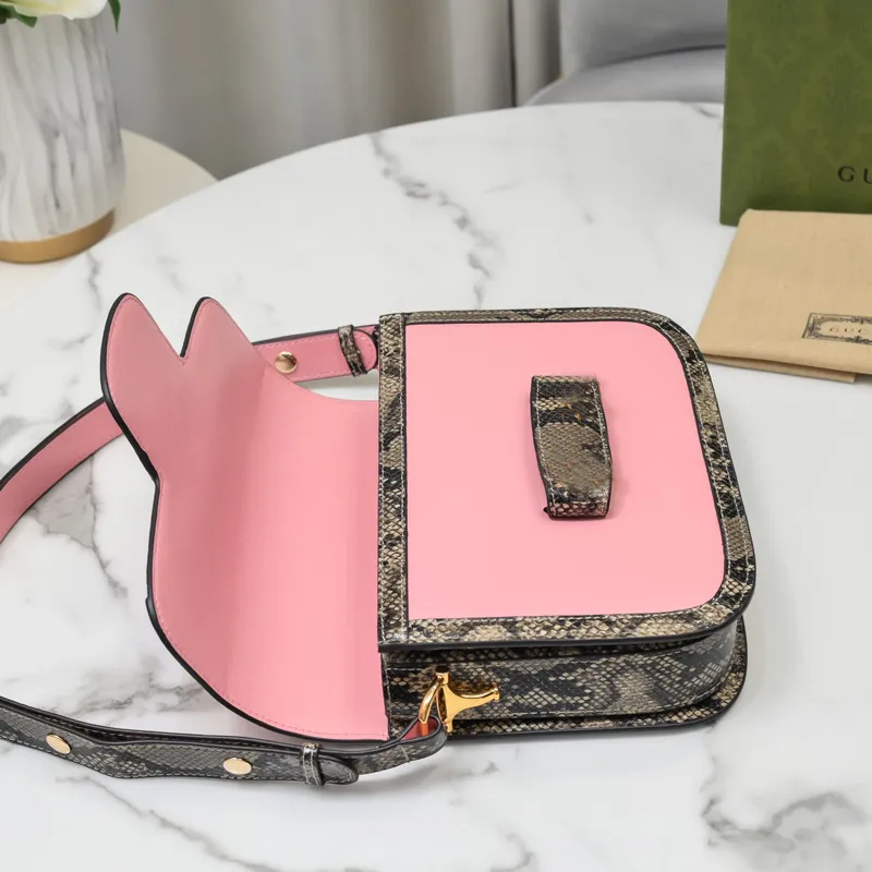 Retro saddle bag women luxury classic horse street buckle brown hook design high quality snake pattern with leather shoulder bags pink handbags ladies gift