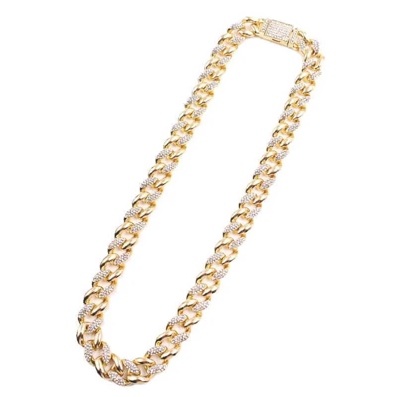 High Quality Wholale 14mm HipHop Half Iced Out Cuban Link Rhintone 14K Gold Plated Men Jewelry Chain Necklace