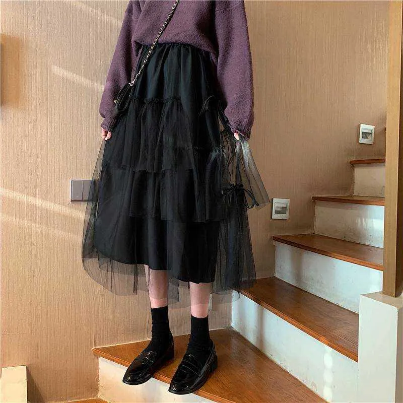 Retro High Waist Party Tutu Skirt Kawaii Oregelbunden Puffy Tulle Lång Svart Skirt Koreansk Stil Kvinnor Midi Mesh Skirt Sweet Goddess 210619