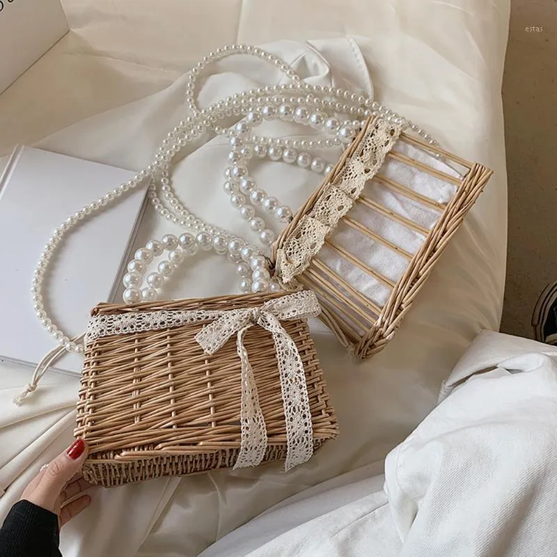 Wicker Beach Handbag Retro Women Rattan Woven Lace Pearl Chain Drawstring Small Basket Shoulder Bag 2024 Handmade Purse