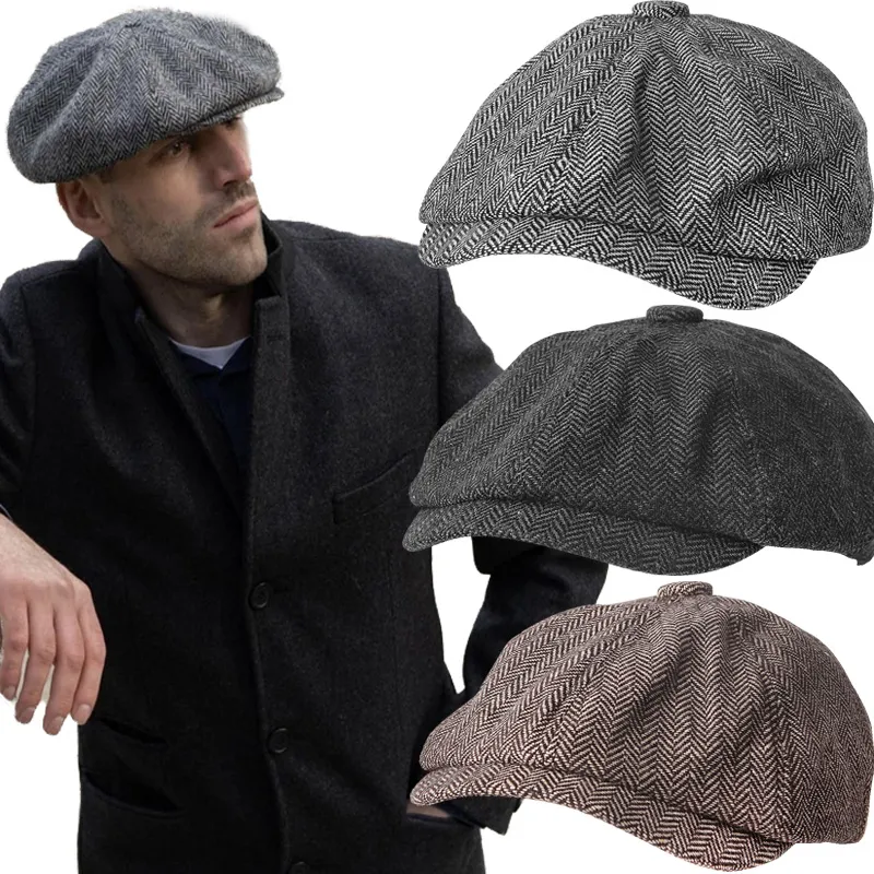 Cappello berretto da uomo in lana a righe casual, stile britannico, classico, retrò, da strillone, primavera e autunno, berretto universale, berretto sportivo per il tempo libero