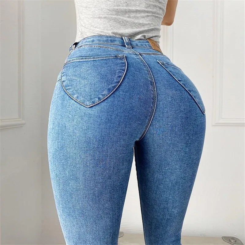 Korean Style High Waist Peach Pencil Tight Jeans For Women With