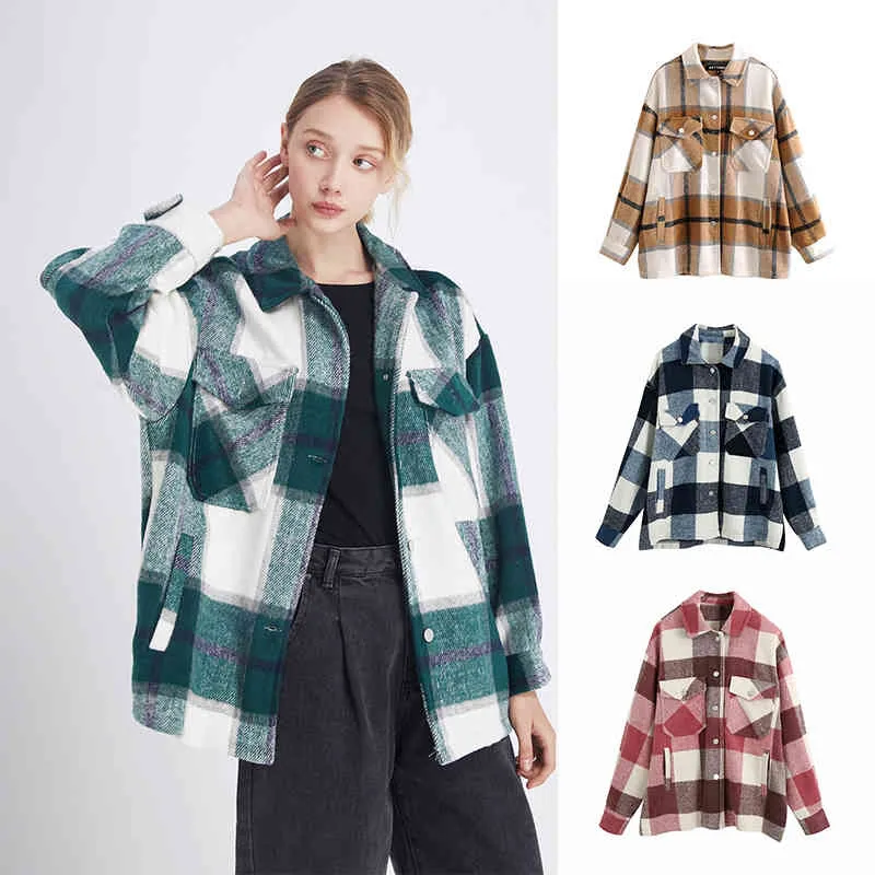 Retro Mode Pocket Oudsized Plaid Jas Damesmode Revers Stand Kraag Lange Mouw Losse Houndstooth Jacket 210422