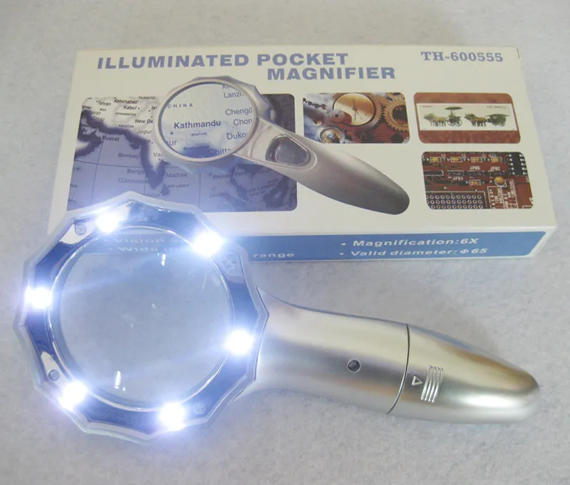 Microscópio 6X Magnifiers de mão com 6 LED Guarda-chuva-Tipo 65mm Lupa Leitura Lendo Lente Lente De Luga Iluminada Magnifier 600555