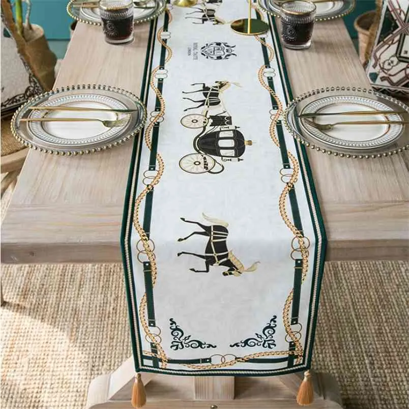 DunxDeco Touch Tassel Table Runner Festa de Capa Longa Tecido Moderno Luxo Royal Cavalo Carriagem Imprimir Desemprimento Decoração Têxtil 210708