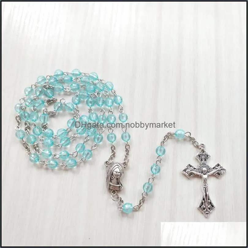 Transparent Blue Acrylic Women Rosary Necklace Long Cross Pendant Religious Jewelry