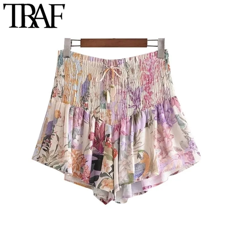 ONKOGENE Frauen Chic Fashion Floral Print Smocked Shorts Vintage Hohe Elastische Taille Mit Kordelzug Weibliche Kurze Hosen Mujer 210724