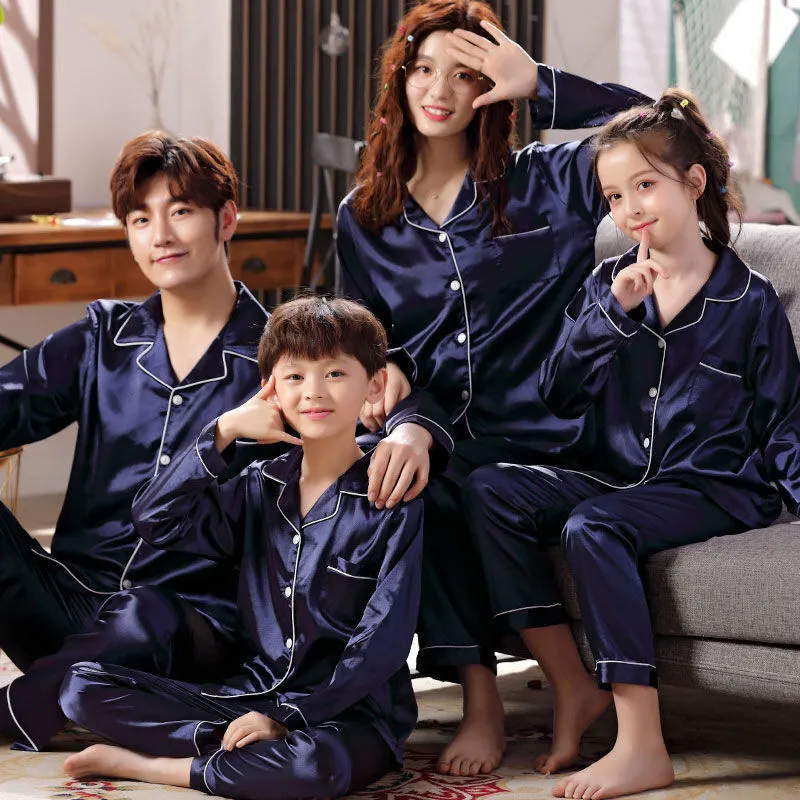 Family Pajamas Set Silk Satin Adult Women Kids Family Matching Clothes Children Female Sleep Two Piece Set Loungewear Plus 1877 Y2