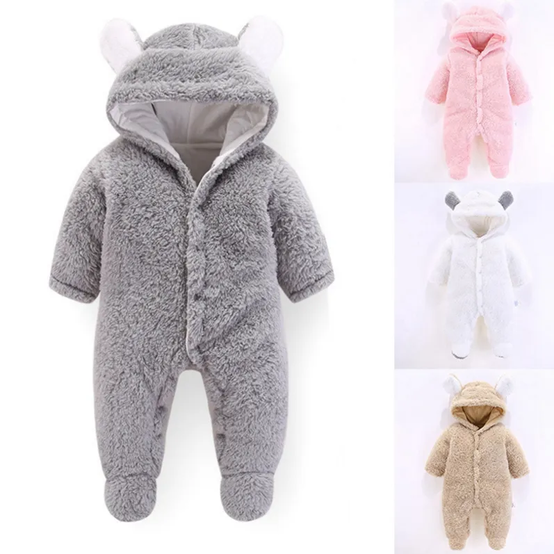 Vêtements d'hiver pour bébé ours oreille infantile garçons barboteuse flanelle enfant en bas âge filles combinaison solide nouveau-né vêtements d'escalade chaud bébé vêtements DW4470