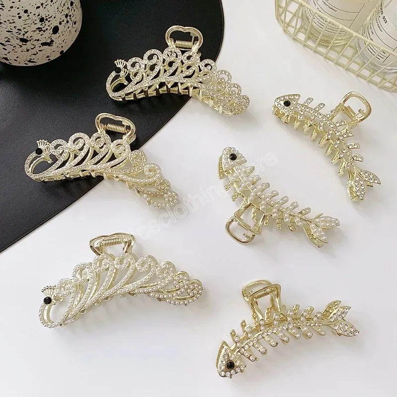 Pearl Rhinestone Metal Clamps Ladies Peacock Tail Fish Bone Shape Large Hair Claw Ny Temperament Headdress