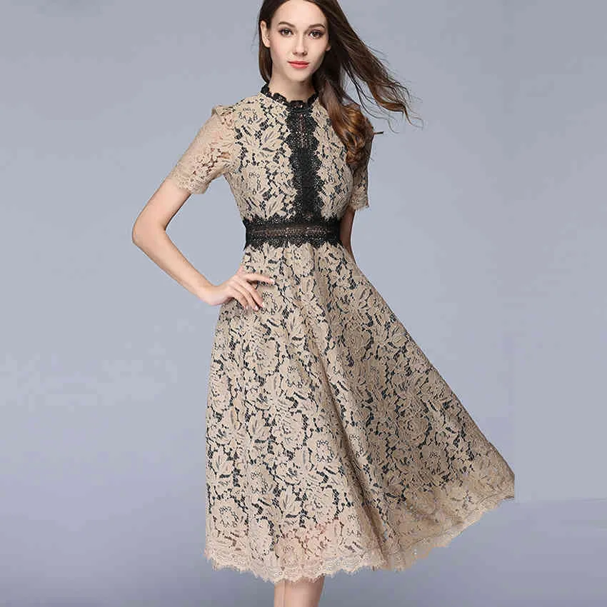 fashion Women Spring embroidery lace dress O neck Short sleeves summer es Vestido robe femme plus size S-3XL 210520