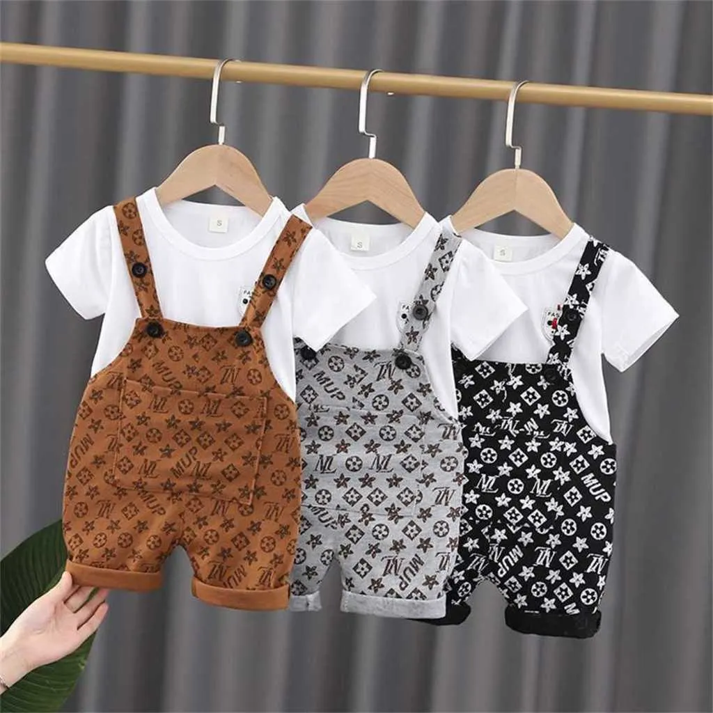 Kids Boys Front Kieszeń Suspender Paski Spodenki i Biała T Shirt Stroje 2 Sztuka Letnia Zestaw Odzież Z Krótkim Rękawem Dres Koszulka Boddler Casual Sport Suits GT8PP7K