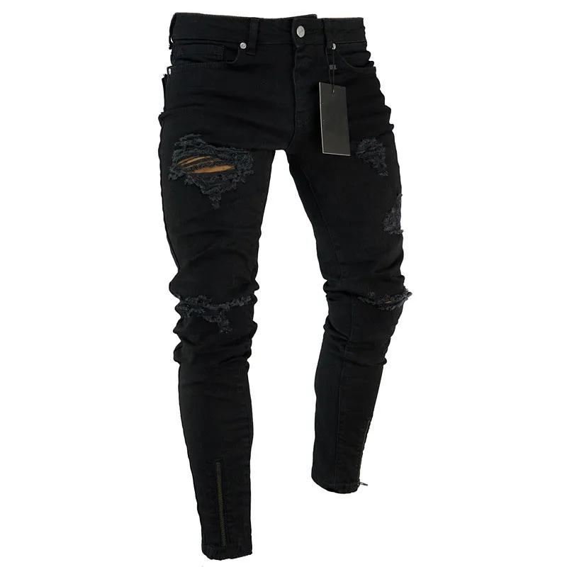 Schwarze Stretch Skinny Fit Bottom Zipper Jeans Herren Knie zerrissen Distressed Hole Biker Hose Hip Hop Street Große Größe XXXL