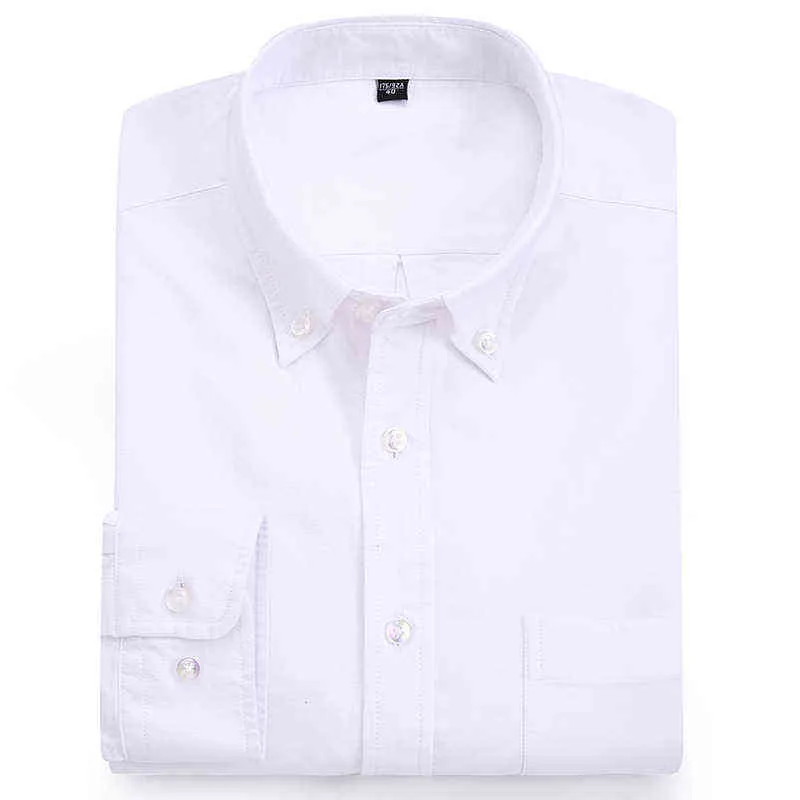 Pure Cotton Oxford Mens Shirt Casual Solid Long Sleeve Business Men Dress Shirts Leisure With Front Pocket Regular Fit White top G0105