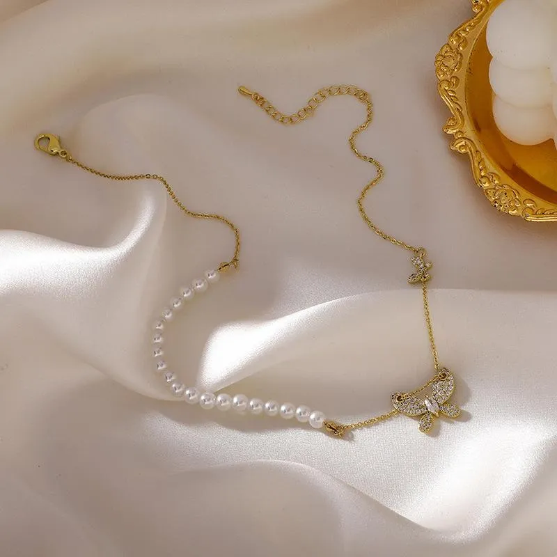 Подвесные ожерелья корейская модная женская ожерельем Аксессуары темперамент простые стразы Бабочки Имитация Жемчужной Клавиц