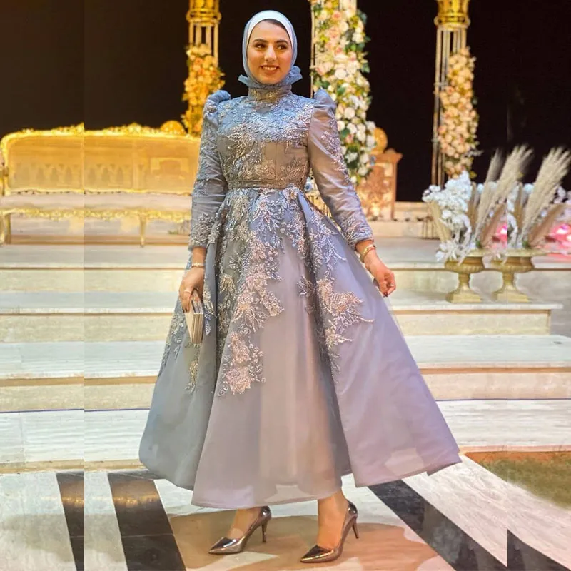 Vestidos de noite muçulmanos elegantes vestidos de alto pescoço apliques de mangas compridas de mangas compridas uma linha comprimento de chá sequinhado organza vestido formal