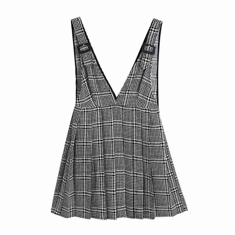 Mulheres elegantes vestido de xadrez cinza moda senhoras v-pescoço plissado mini vestidos streetwear feminino chinês suspensórios vestidos 210430