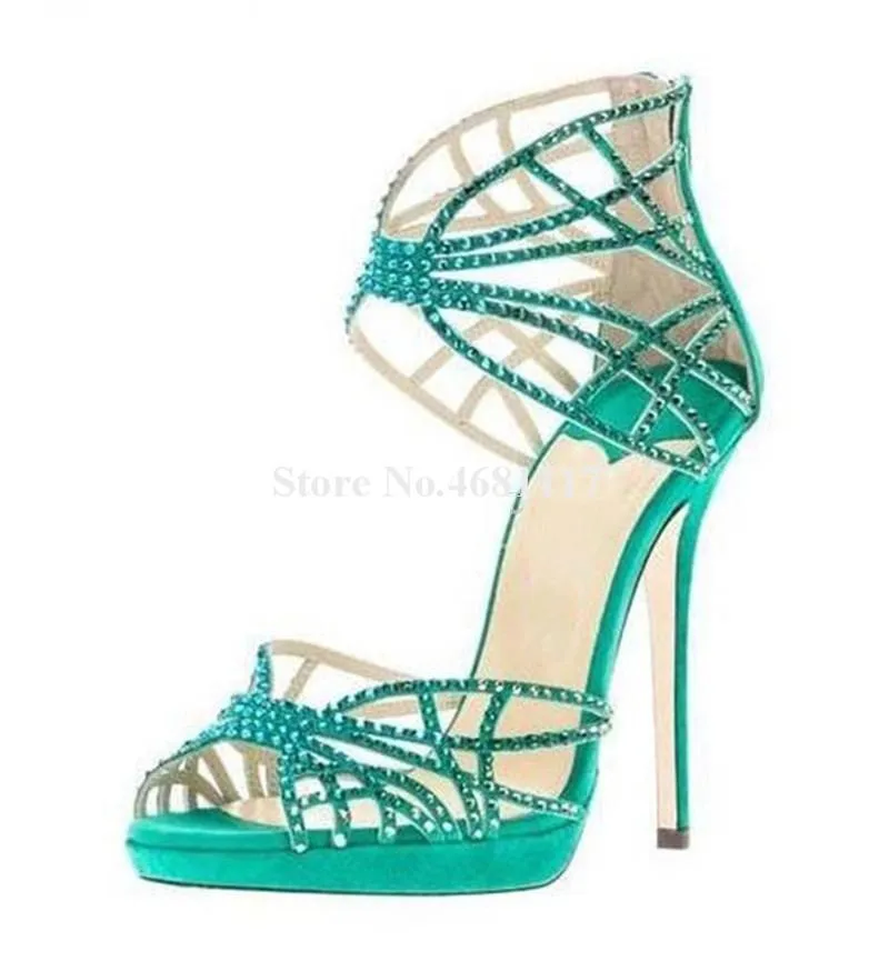 Sandaler Crystal Romen High Heeled Peep Toe Platform Back Zipper Stiletto Heel Cut Out Women Fashion Wedding