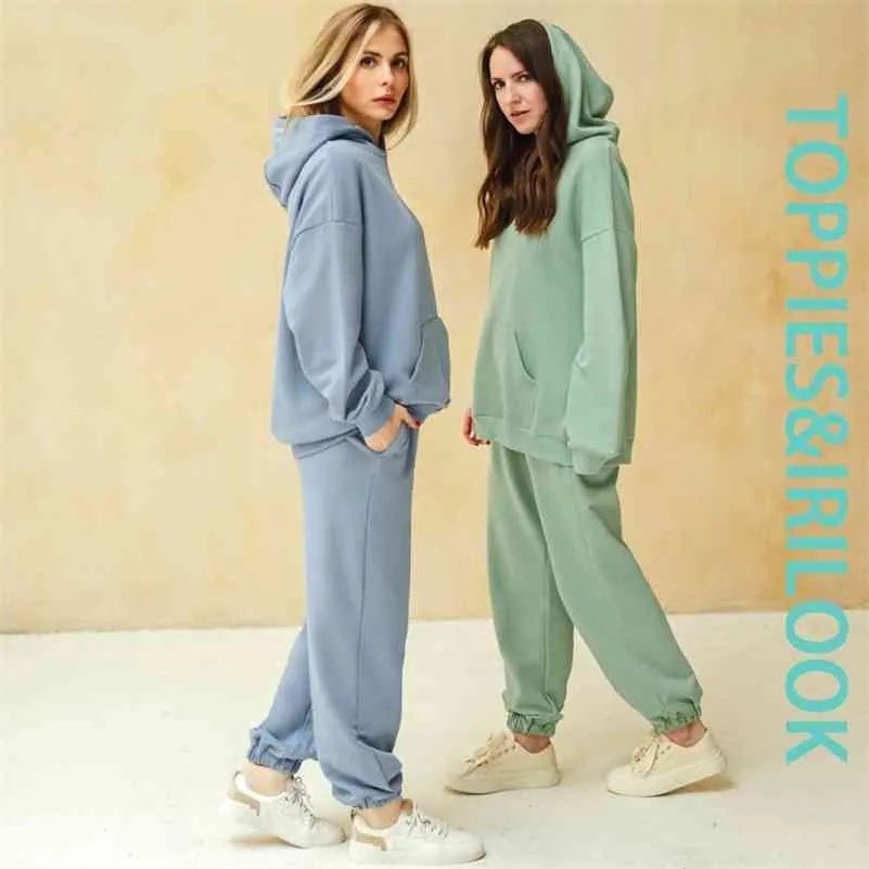 Toppies Women Hoodies and Sweatpants White Tracksuits Female Two Piece Solid Color Pullovers Jacket Lounge Wear Casual 210709