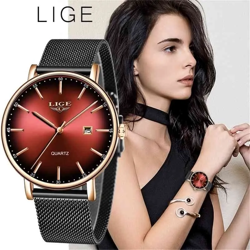 Lige Womens Watchesトップブランド高級防水時計ファッションレディースステンレス鋼超薄カジュアルリストウォッチクォーツ時計210527