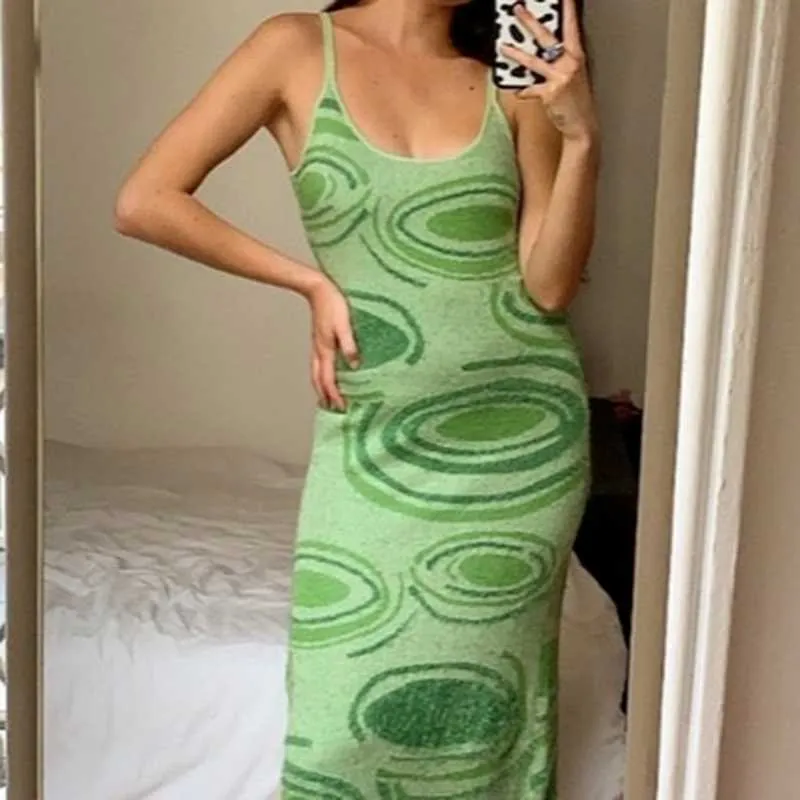 Sexy Print Knit Bodycon Dress Women Green Y2K Party Dress Hollow Out Sleeveless Spaghetti Strap Beach Midi Dresses Summer Y0603