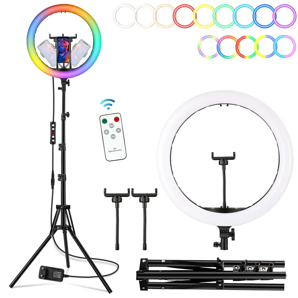 19 polegadas RGB Anel LED LED Selfie Ring Light com 3 clipes de telefone 200cm tripé stand fotográfico iluminação video lâmpada de preenchimento ao vivo