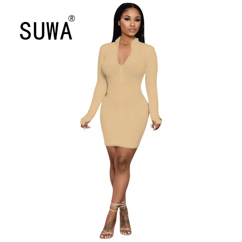 Women Winter Fall Bodycon Ribbed Dress Stand Collar Zipper Deep V-neck Solid Stretch Pencil Party Mini Vestido 210525