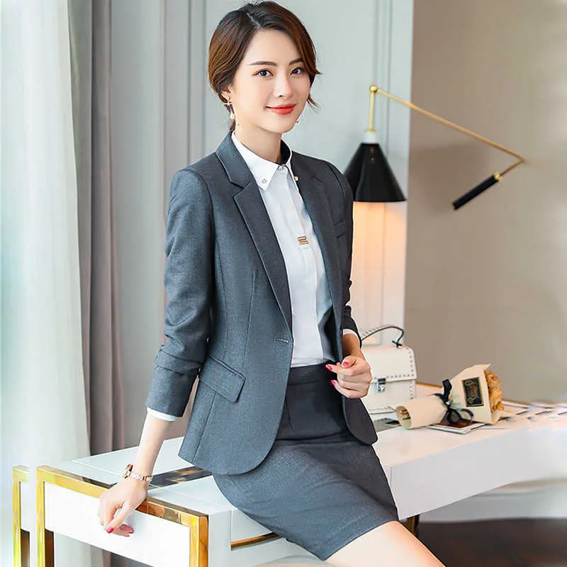 Professional Women's Overalls el Front Desk Suit Jacket High Quality Ladies Jackets for Autumn and Winter Skirt Two-piece 210527