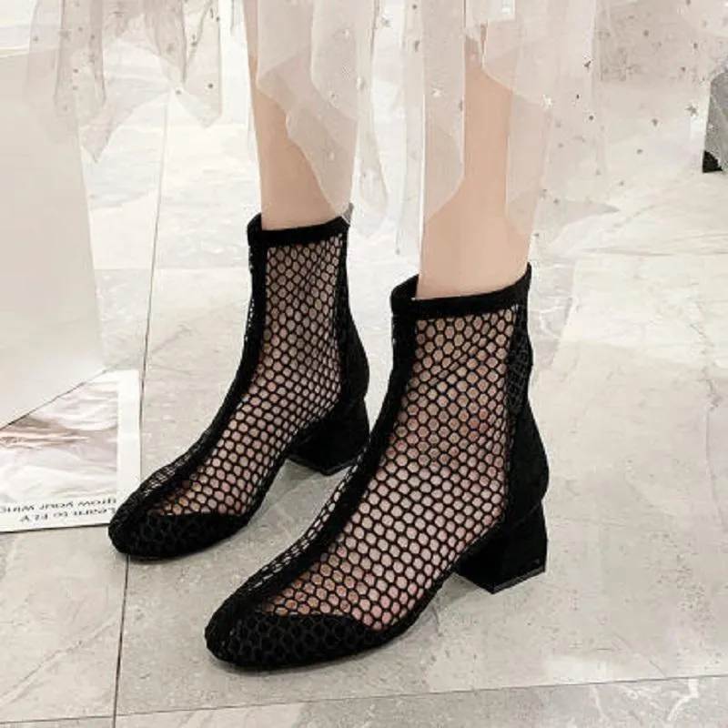 Stivaletti in rete Scarpe da donna fresche traspiranti per la primavera e l'estate traspiranti a sezione sottile con tacco spesso