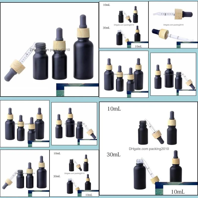 10ml 30ml Matte black glass  oil bottles Glass Dropper Vials Cosmetic Containers Plastic Wood grain lids