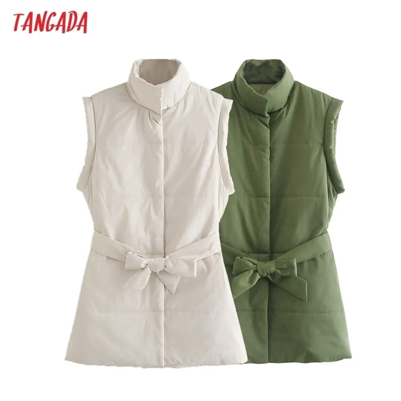 Tangada Women Green Waistcost Parkas With Belt Pockets Office Lady Oversized Coat Sleeveless JE174 211120
