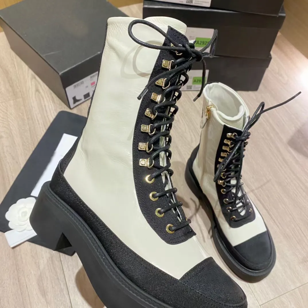 Thick soled boots leather lace up shoes combat boot chain buckle low heel Martin ankle luxury designer brand fashion