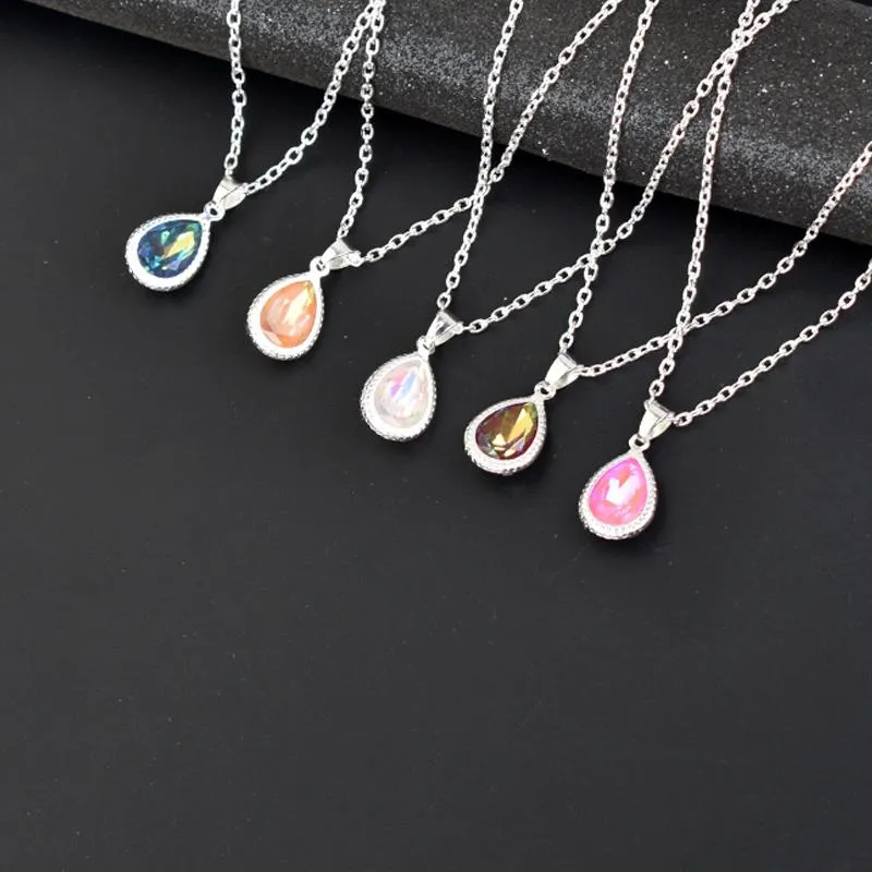 Collier de chaîne de couleur argentée pour femmes multicolore cristal eau goutte pendentifs colliers de mariage de mariage pendentif cadeau