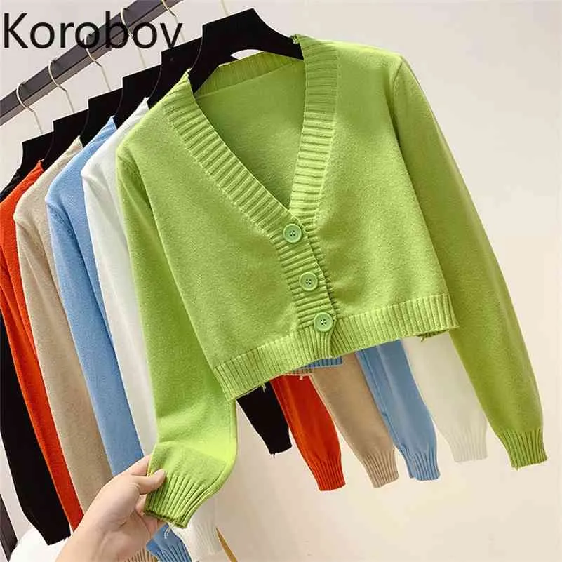 Korobov Dolce Corto Donna Con Scollo A V Cardigan Autunno Outwear Crop Top Maglioni Coreano Stile Preppy Button Maglieria Manica Lunga 210430