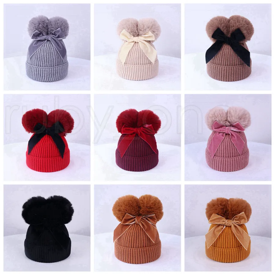 Söt tjockt vinter varma hattar för barn med dubbel pompom bowknot stickade kepsar beanie mjuka tjejer pojkar utomhus hatt bonnet rra4510