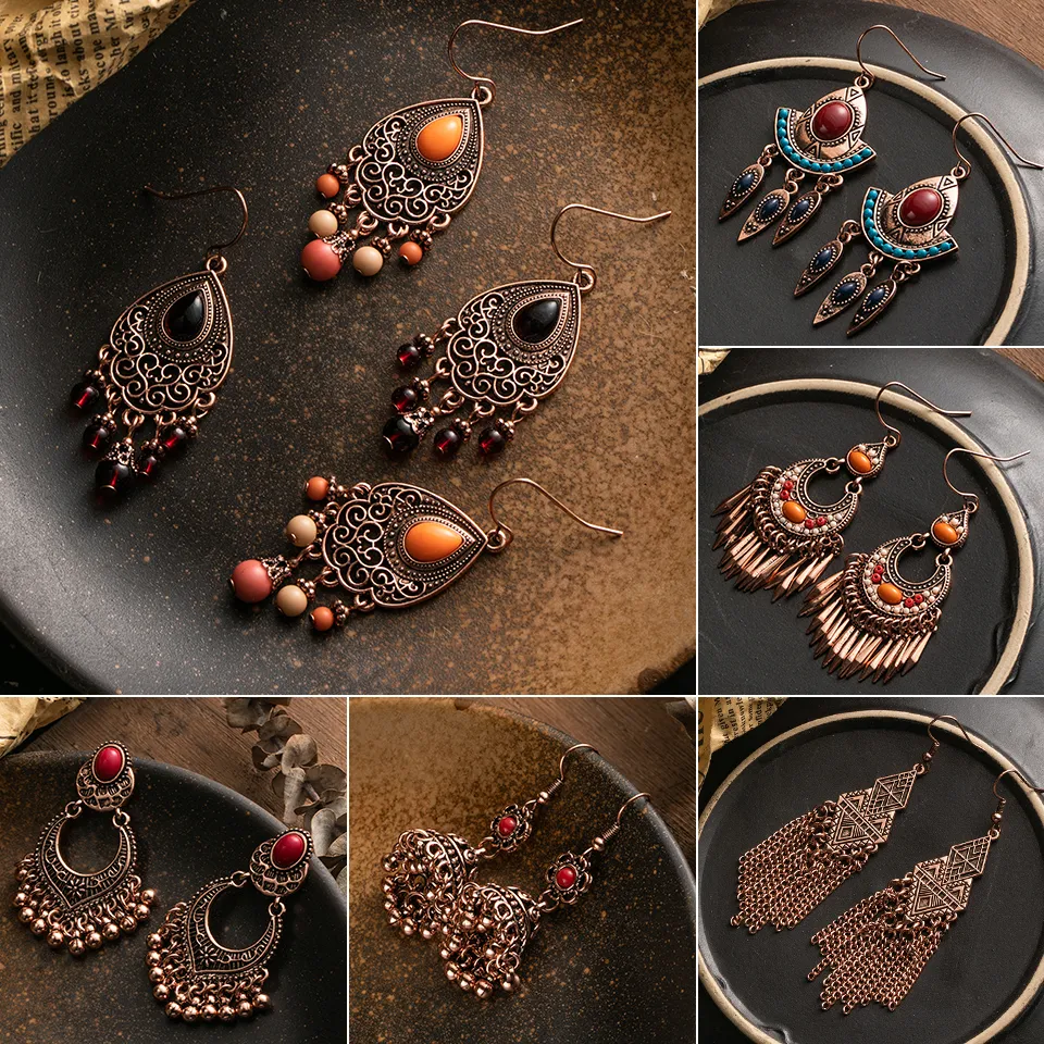 Vintage Wiszące Dangle Drop Kolczyki Boho Ethinic Rose Golden for Women Female Indian Brincos Oświadczenie Biżuteria Akcesoria