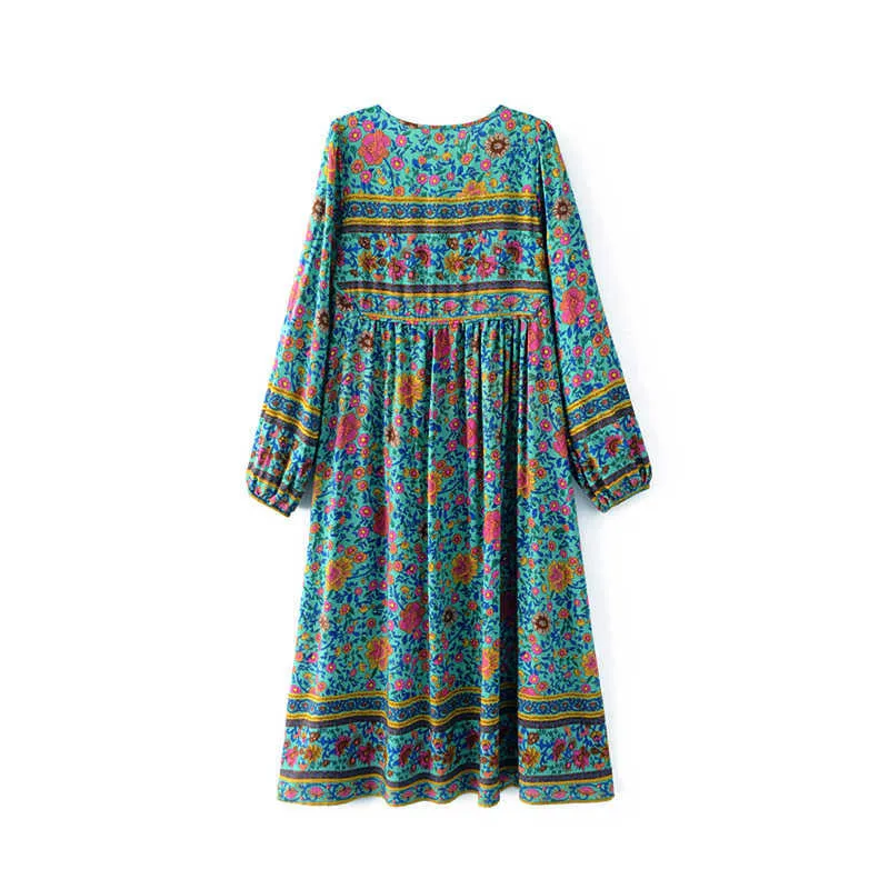 Boho Bohemian Floral Print Tassel in Hindi Maxi Dress -PERHAPS U Green, Full Long Sleeve, O Neck (D0212)