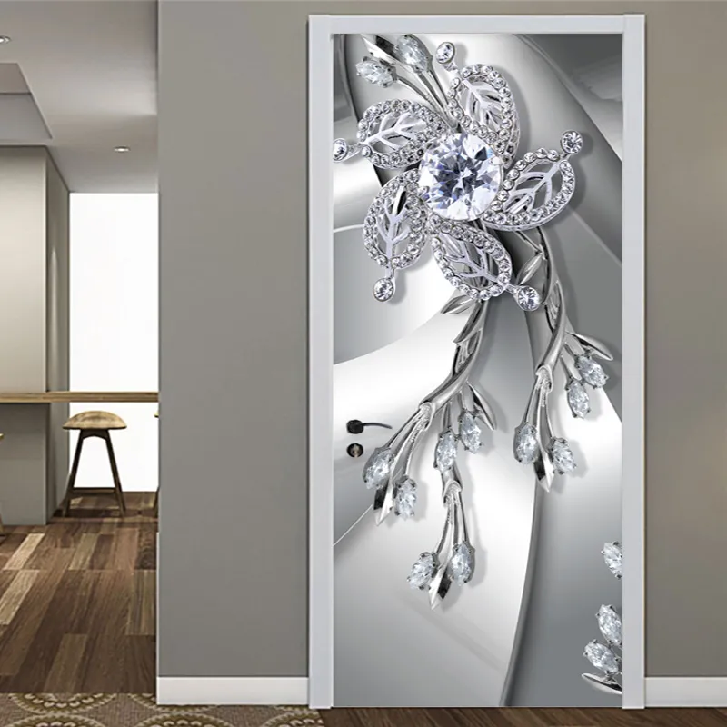 Modern 3D Textura de Metal Diamante Flower Stick Adesivo Abstracto Arte Mural Papel de Parede PVC Auto-Adesivo Porta impermeável Poster Decalques 210317